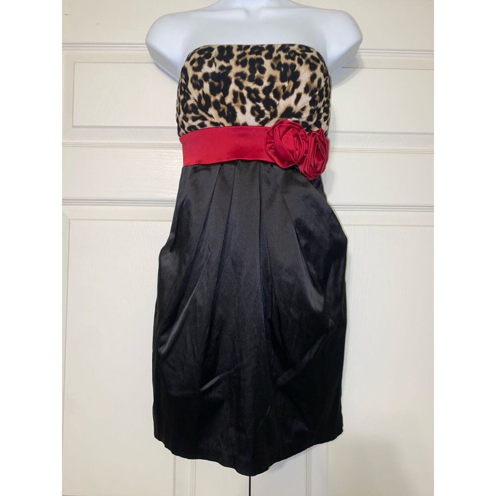 Strapless Leopard Print & Black Dress With Red Satin Rosette Waist Detail